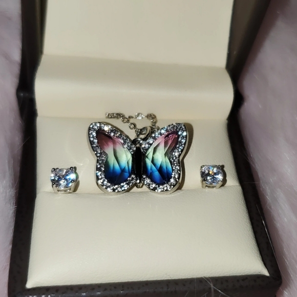Crystal Sterling Silver Studs and Butterfly Neckla - Picture 11 of 11
